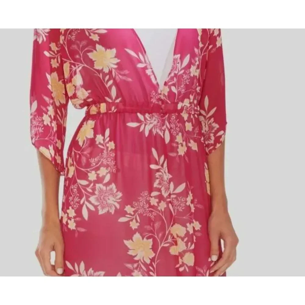 Vince Camuto Women's Pink V-neck Floral Chiffon Cover up‎  Duster Size Med